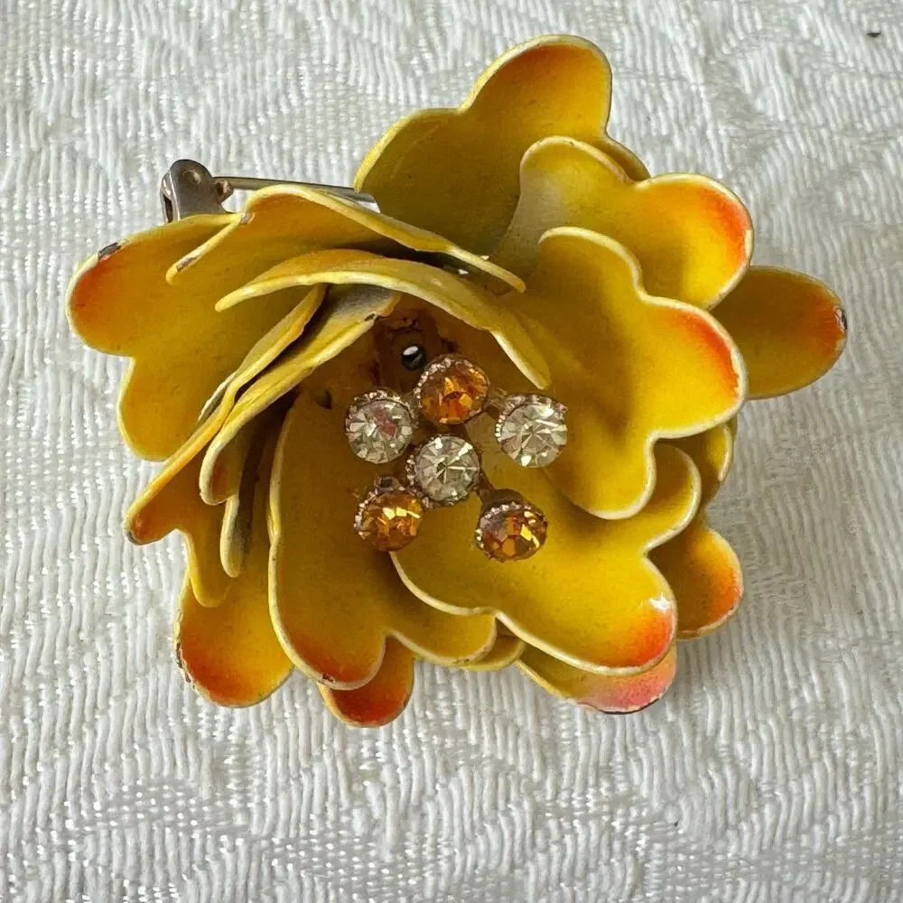 Vintage CORO Flower Brooch Large Yellow & Orange Enamel Metal Rhinestone Pin